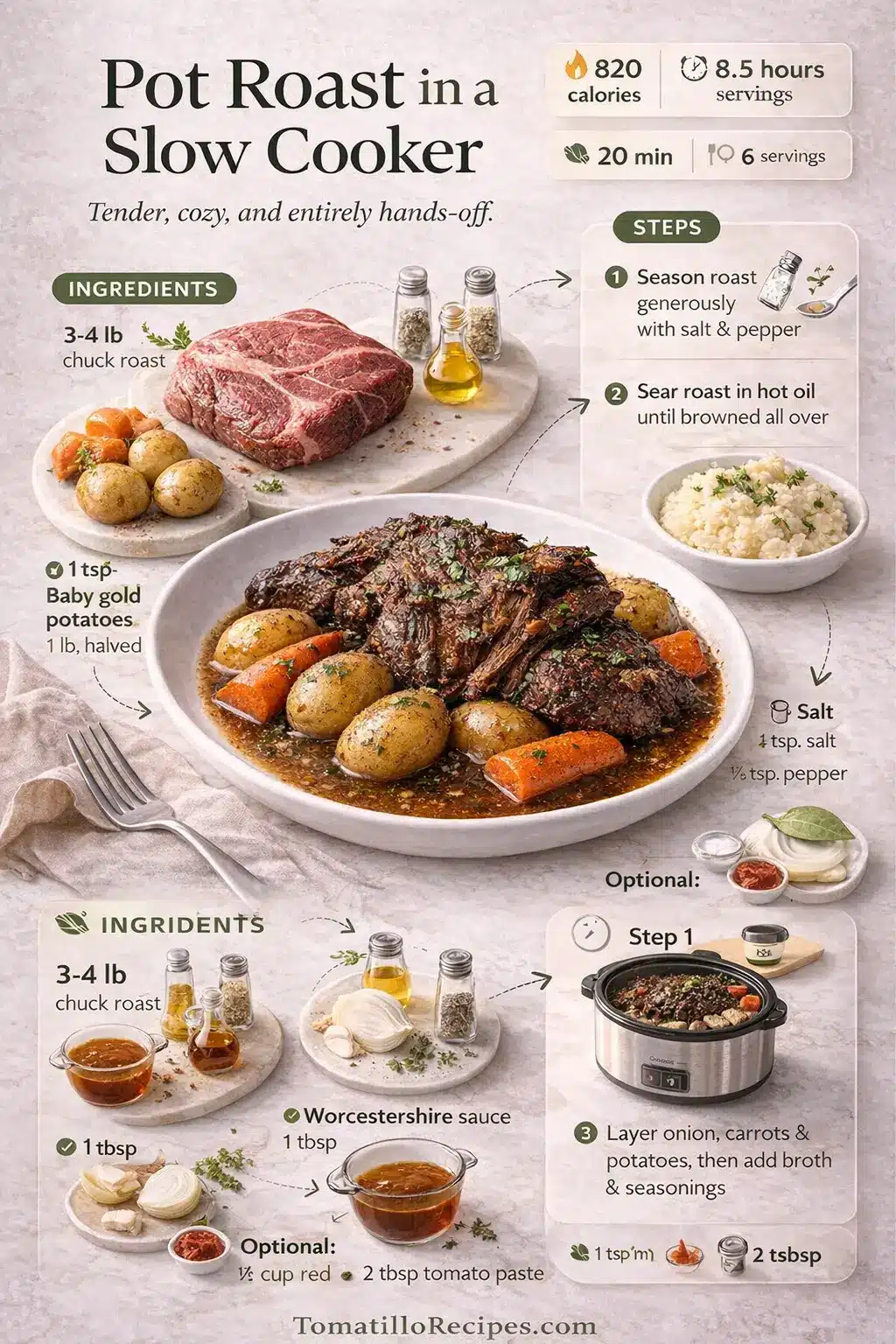 How To Make 5-Star Pot Roast in a Slow Cooker: Fast & Easy 6 Pot roast in a slow cooker recipe infographic showing ingredients and steps