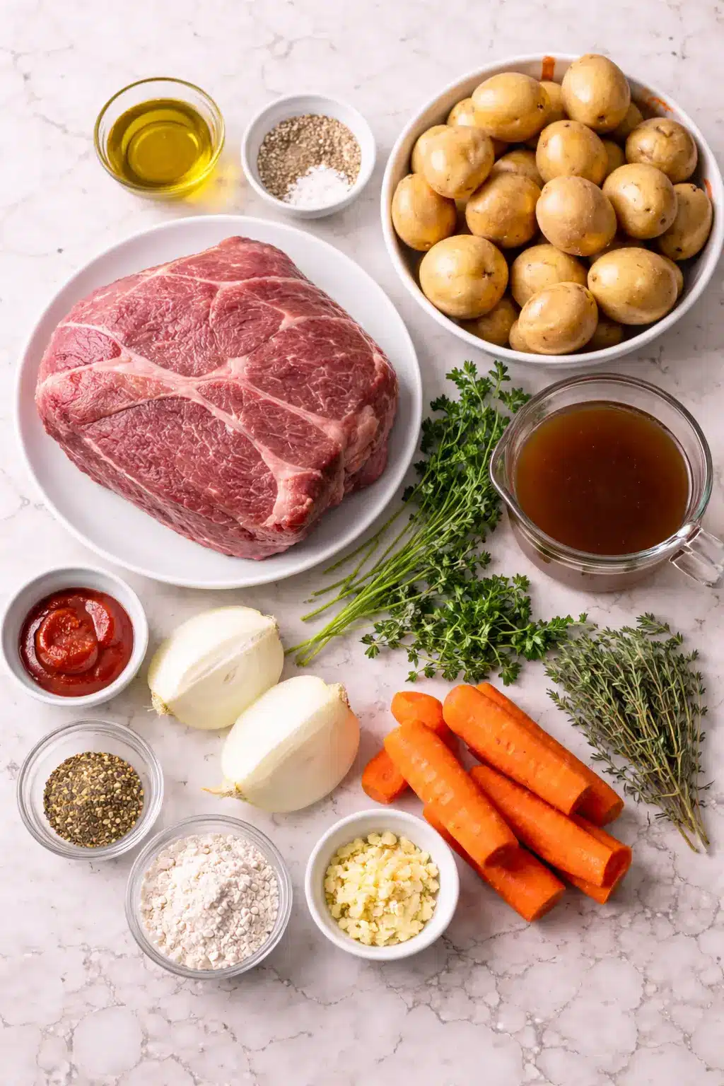 How To Make 5-Star Pot Roast in a Slow Cooker: Fast & Easy 4 Raw ingredients for pot roast in a slow cooker arranged on a marble surface