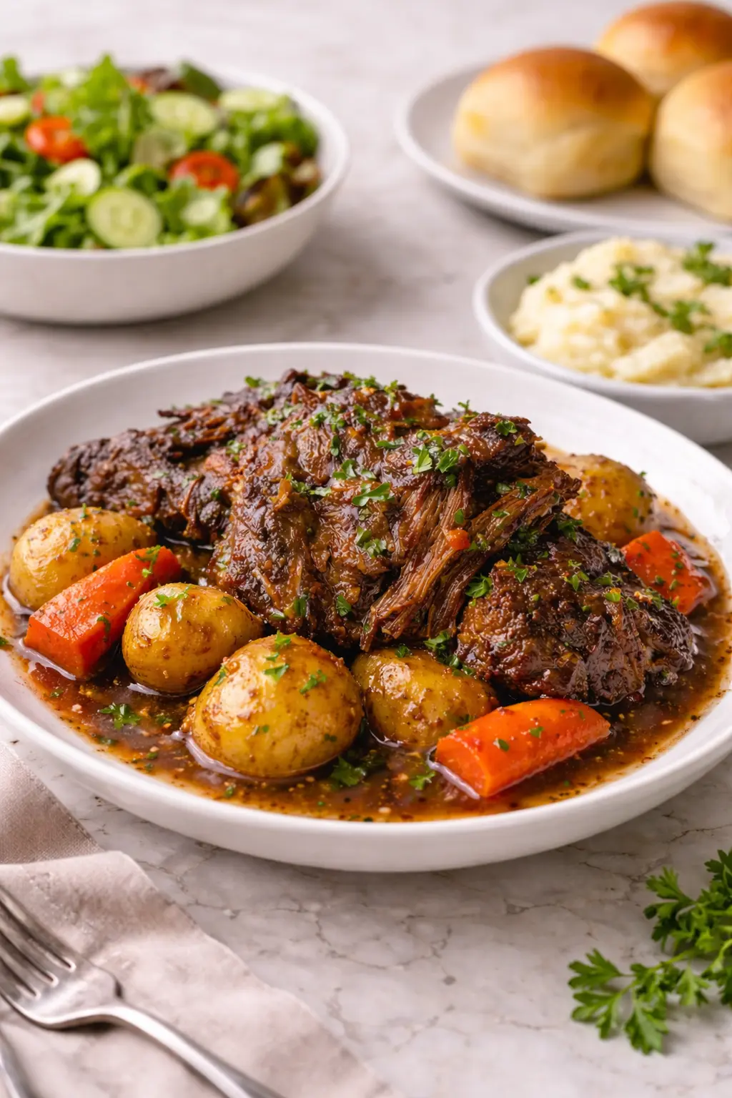 How To Make 5-Star Pot Roast in a Slow Cooker: Fast & Easy 5 Pot roast in a slow cooker served with potatoes and carrots as part of a complete meal