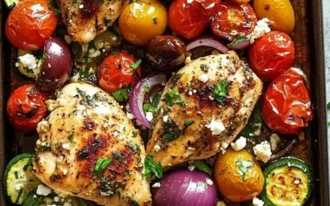 Sheet Pan Greek Chicken & Veggies with roasted tomatoes, zucchini, red onion, olives, and feta