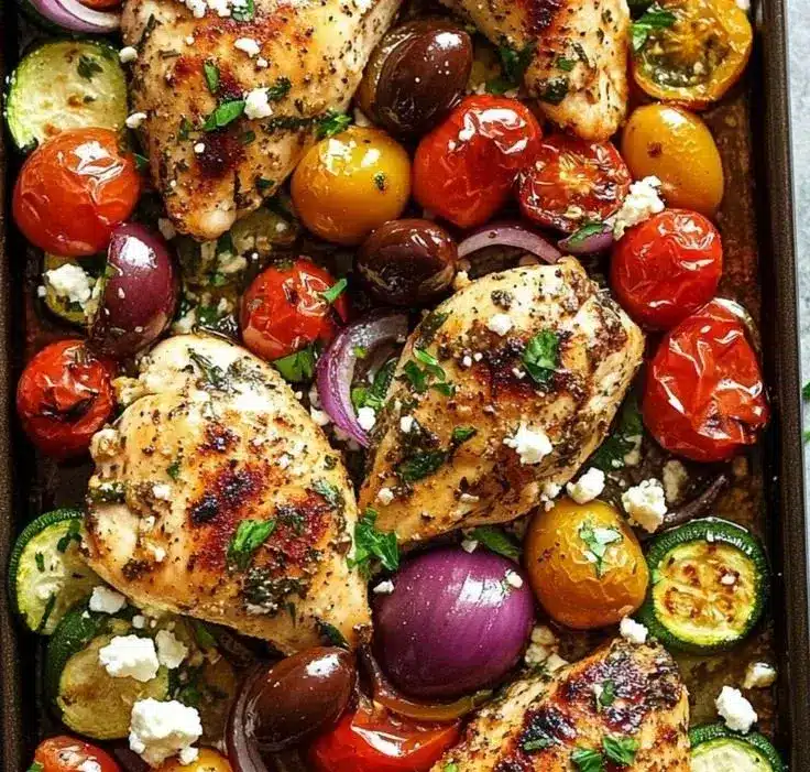 Sheet Pan Greek Chicken & Veggies with roasted tomatoes, zucchini, red onion, olives, and feta