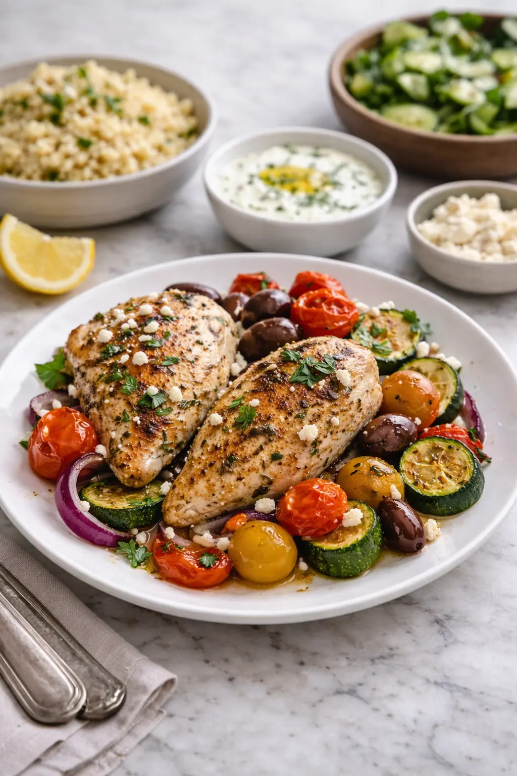 Sheet Pan Greek Chicken & Veggies served with roasted vegetables, olives, feta, and simple sides