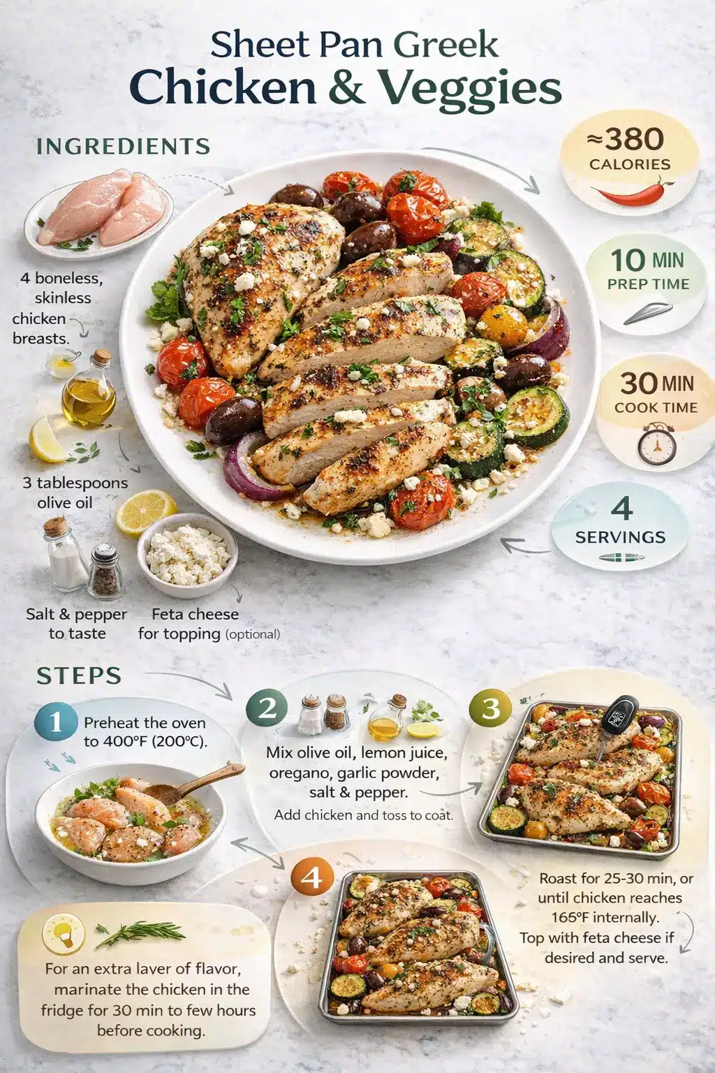 Sheet Pan Greek Chicken & Veggies recipe infographic with ingredients, steps, and nutrition details