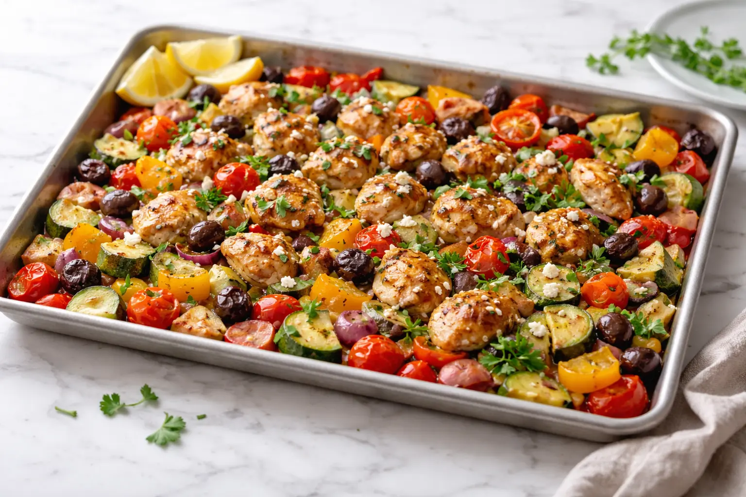 Sheet Pan Greek Chicken & Veggies with roasted zucchini, tomatoes, olives, and feta on a baking tray