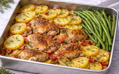 Stoved chicken recipe baked with potatoes, bacon, onions, and green beans in a single pan