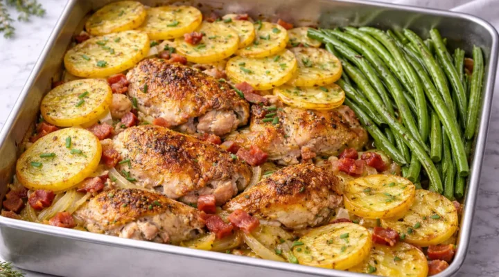 Stoved chicken recipe baked with potatoes, bacon, onions, and green beans in a single pan