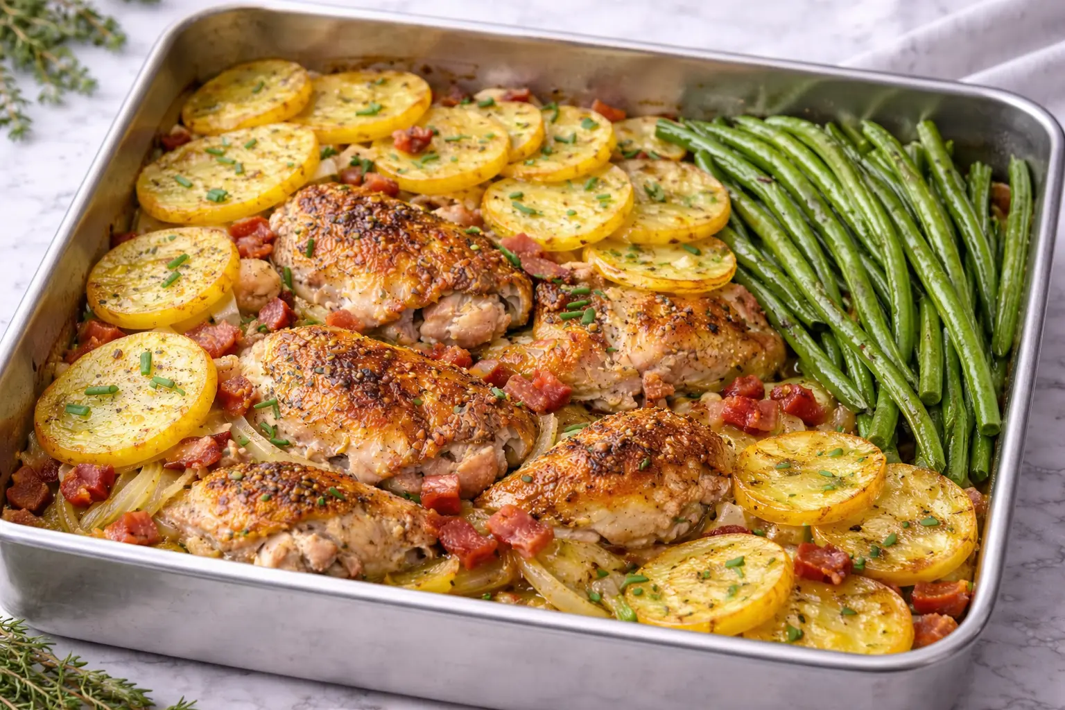Stoved Chicken Recipe 2 Stoved chicken recipe baked with potatoes, bacon, onions, and green beans in a single pan
