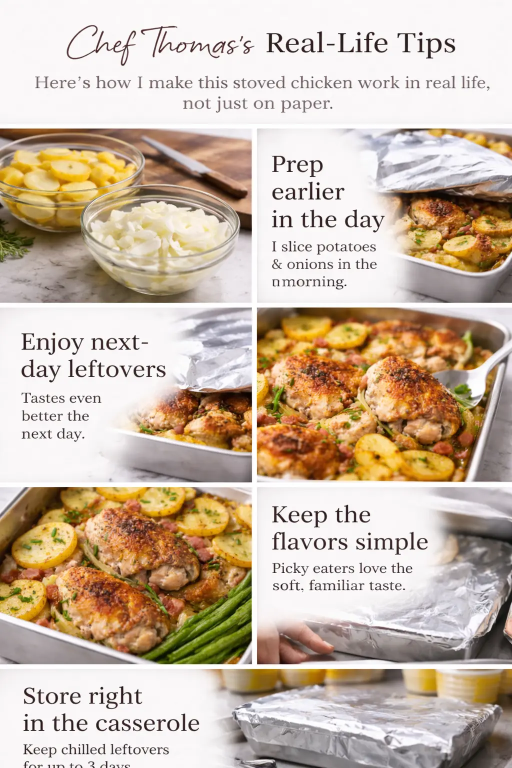 Stoved Chicken Recipe 5 Infographic showing real-life tips for stoved chicken recipe, including prep ahead, leftovers, simple flavors, and storage