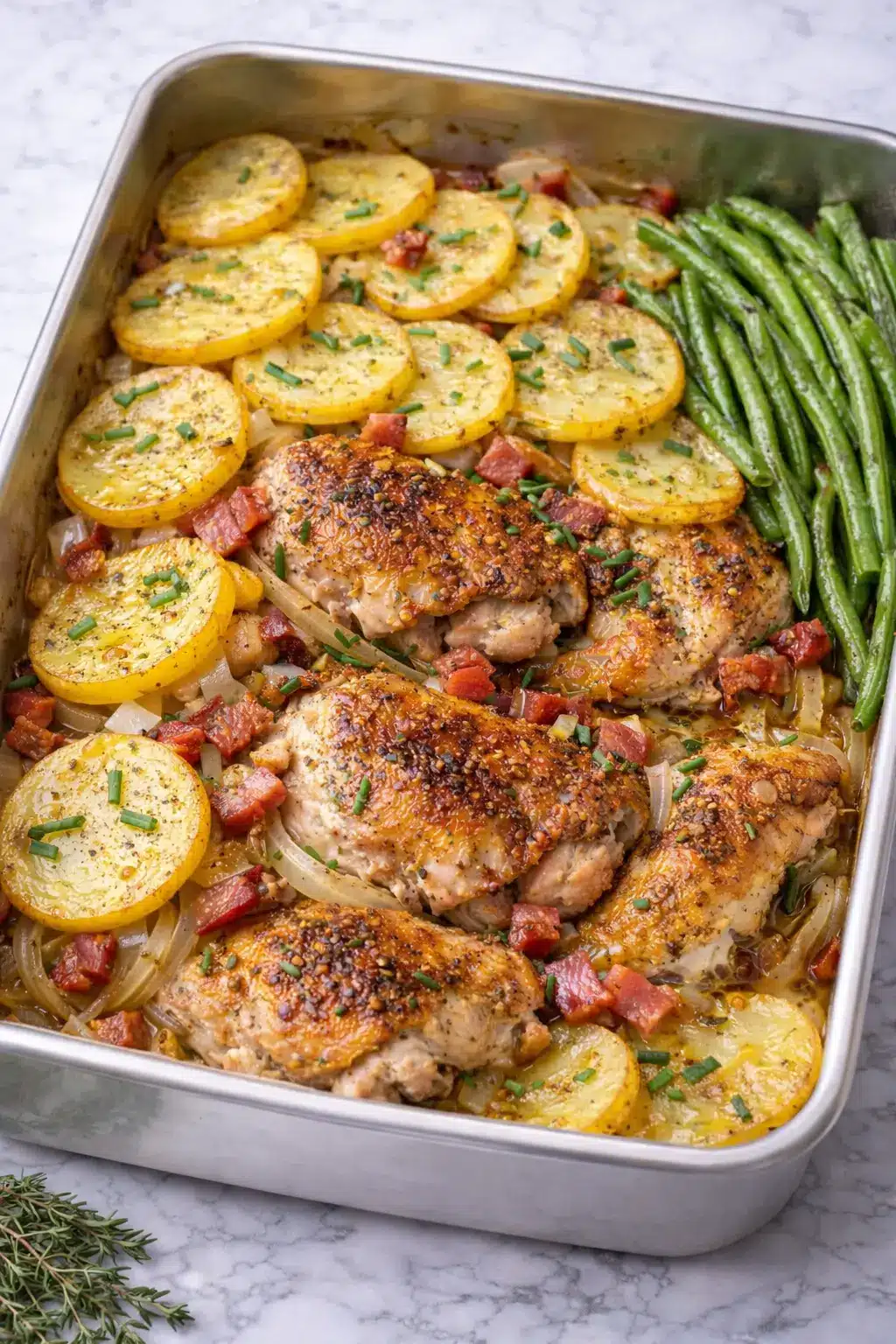Stoved Chicken Recipe 1 Stoved chicken recipe served in a baking dish with potatoes, bacon, onions, and green beans