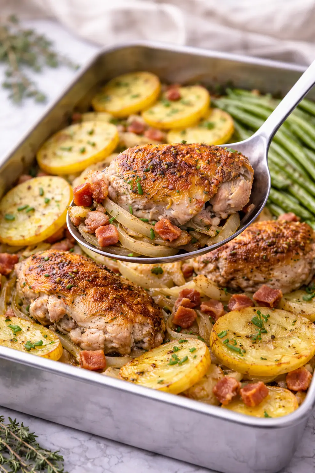 Stoved Chicken Recipe 4 Stoved chicken recipe served with potatoes, bacon, and onions, lifted from the pan with a spoon