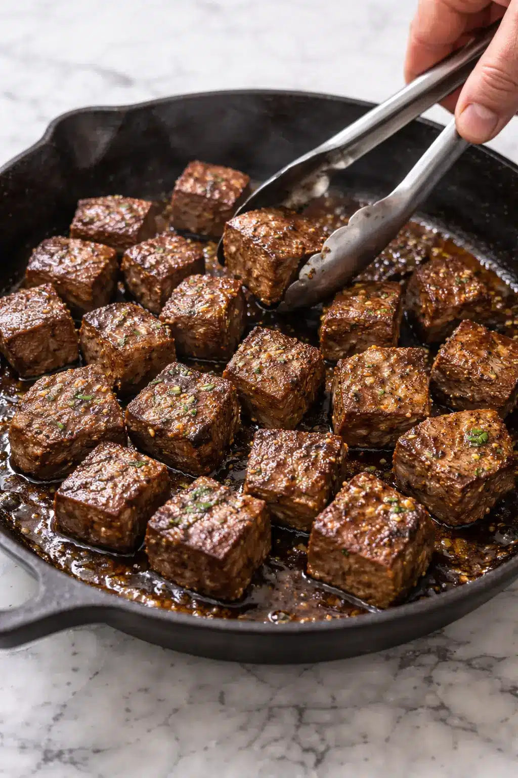 Texas Roadhouse steak bites cooking in a hot skillet, being turned with tongs during the searing step