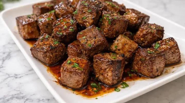 Texas Roadhouse steak bites cooked until browned and juicy, served on a white plate with light seasoning