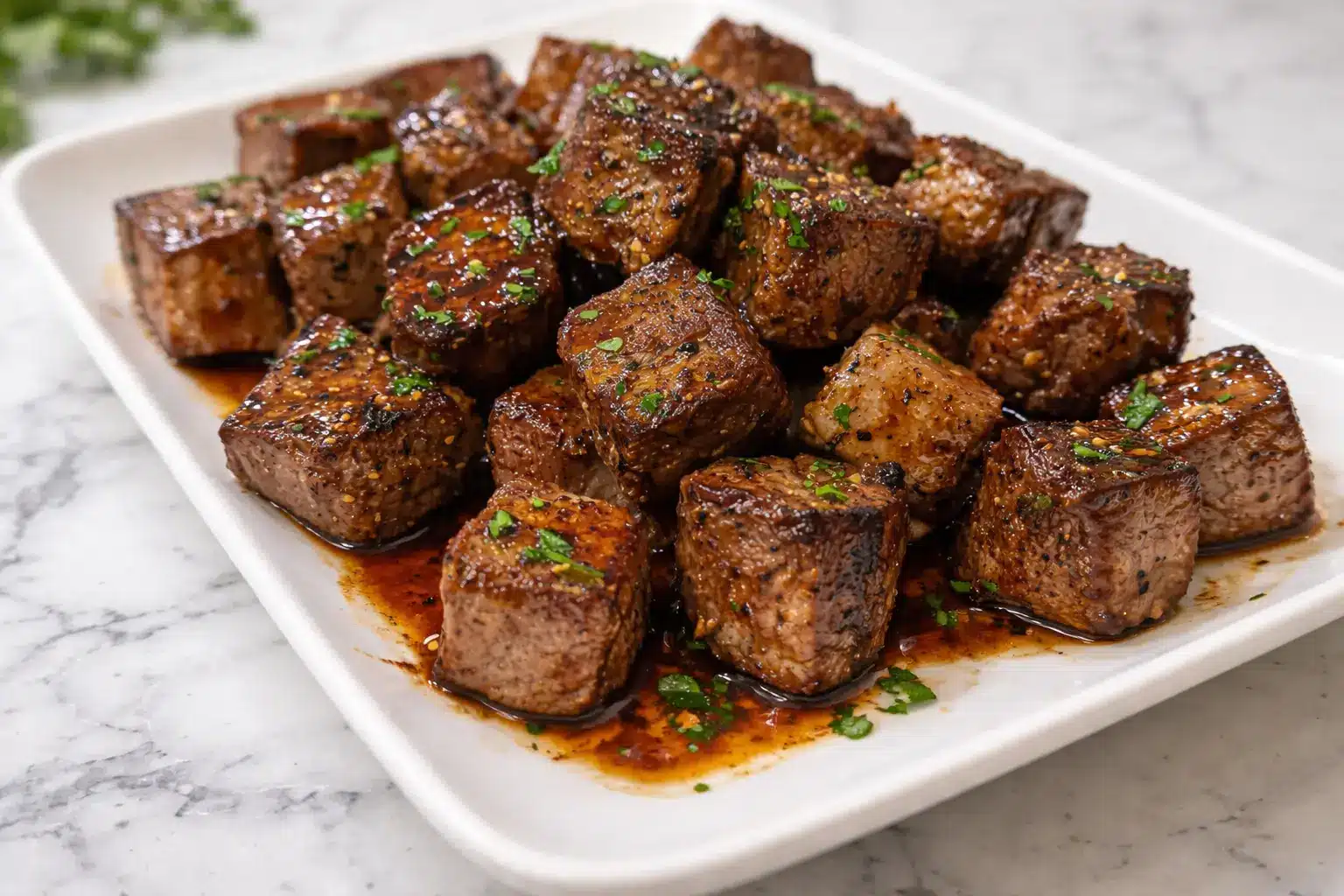 Texas Roadhouse steak bites cooked until browned and juicy, served on a white plate with light seasoning