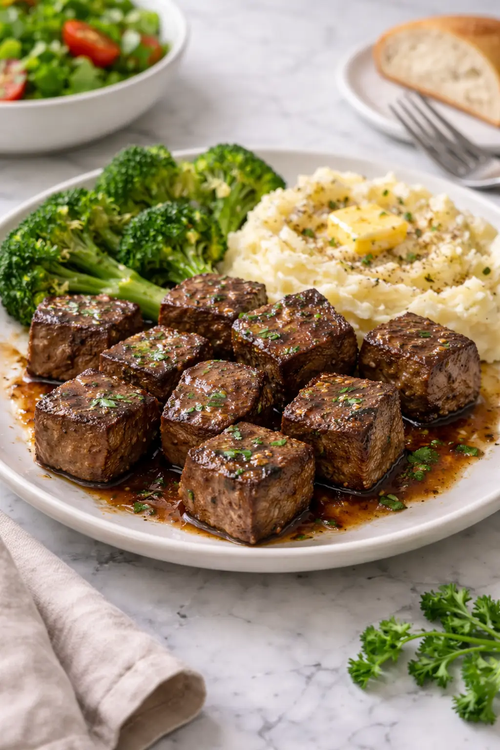 Texas Roadhouse steak bites served as a complete meal with mashed potatoes and broccoli on a white plate