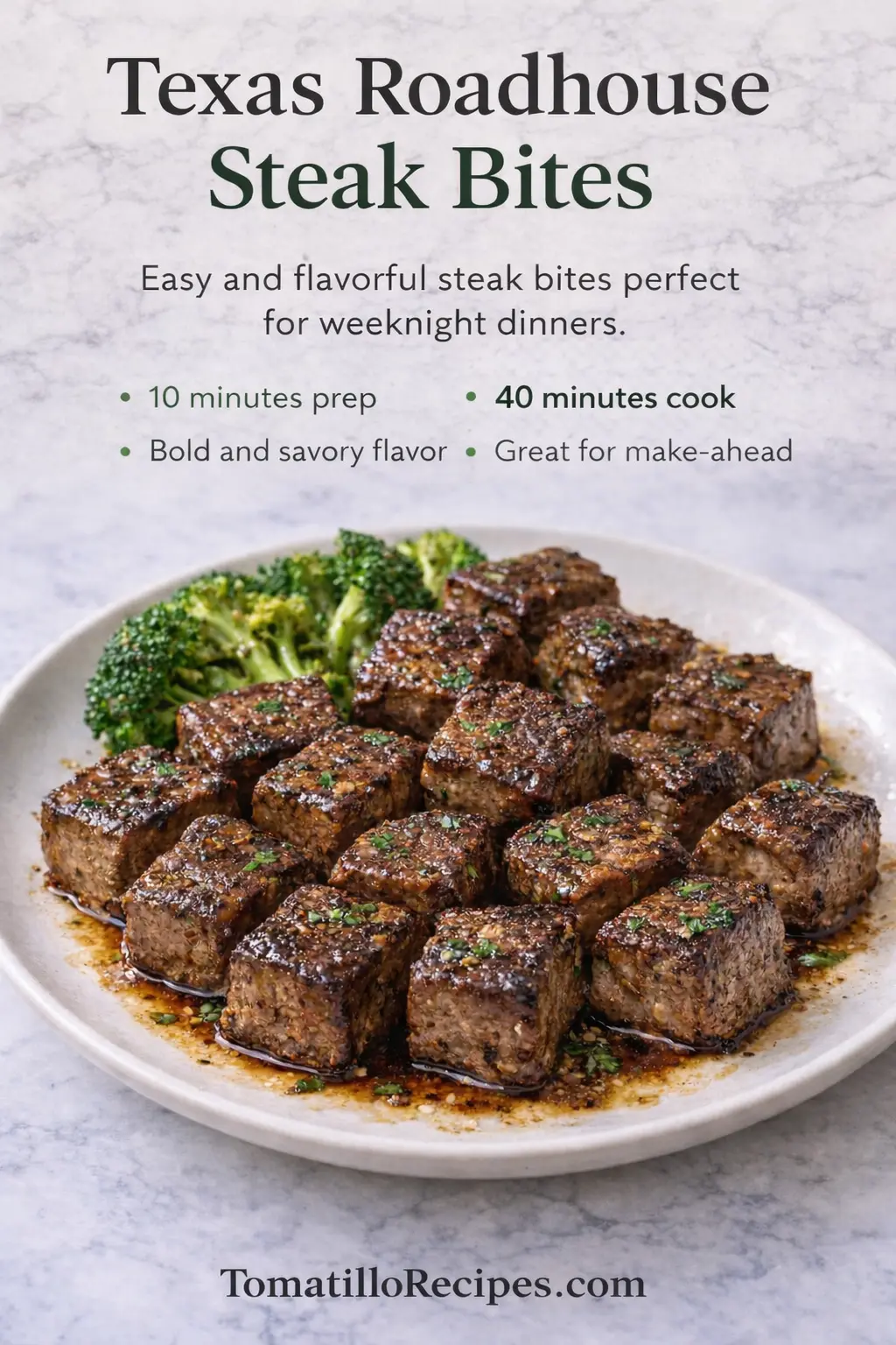 Texas Roadhouse steak bites recipe infographic showing cooked steak bites and total cooking time of 50 minutes