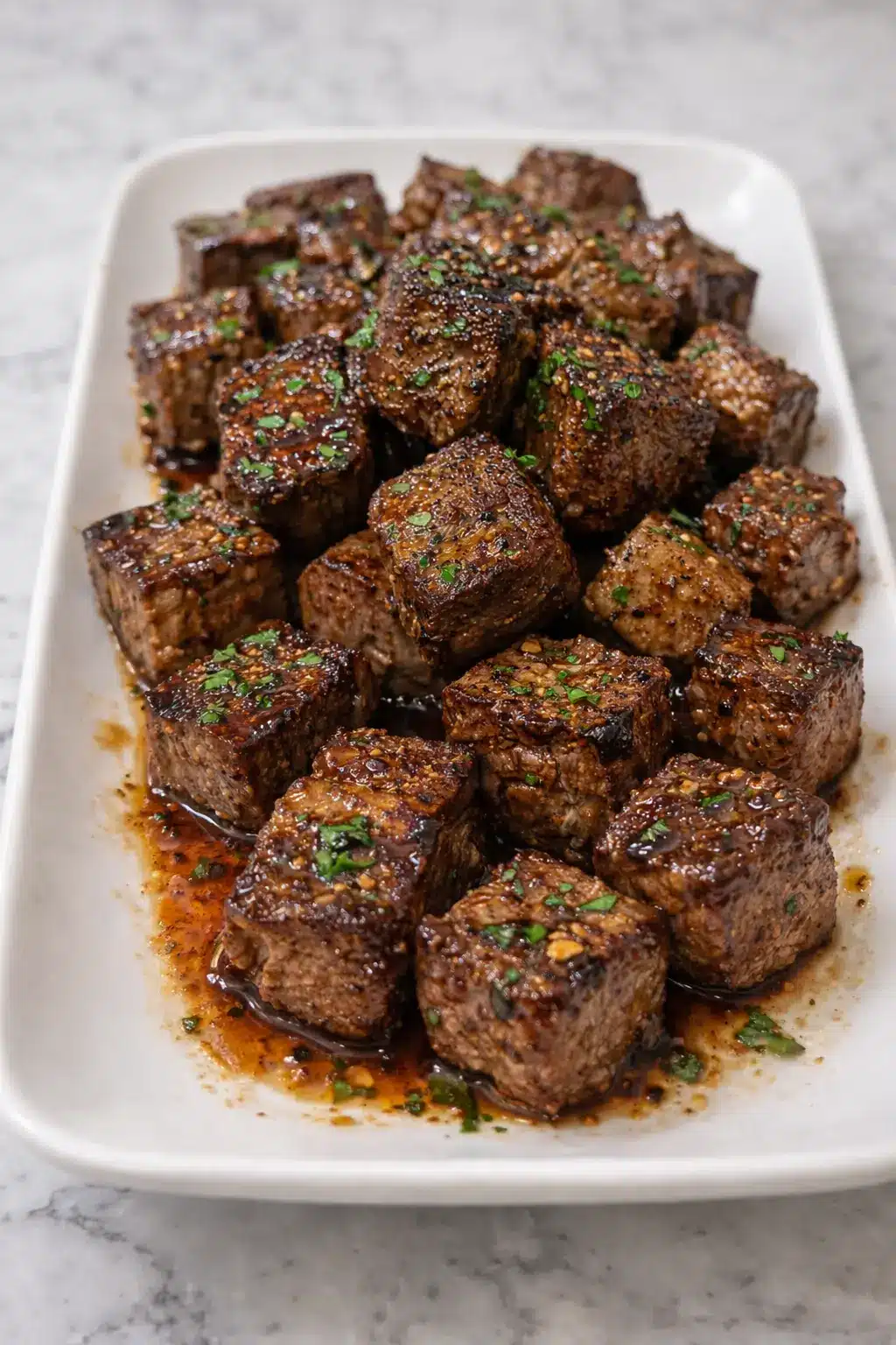 Texas Roadhouse steak bites cooked until browned and juicy, served on a white plate in a vertical frame
