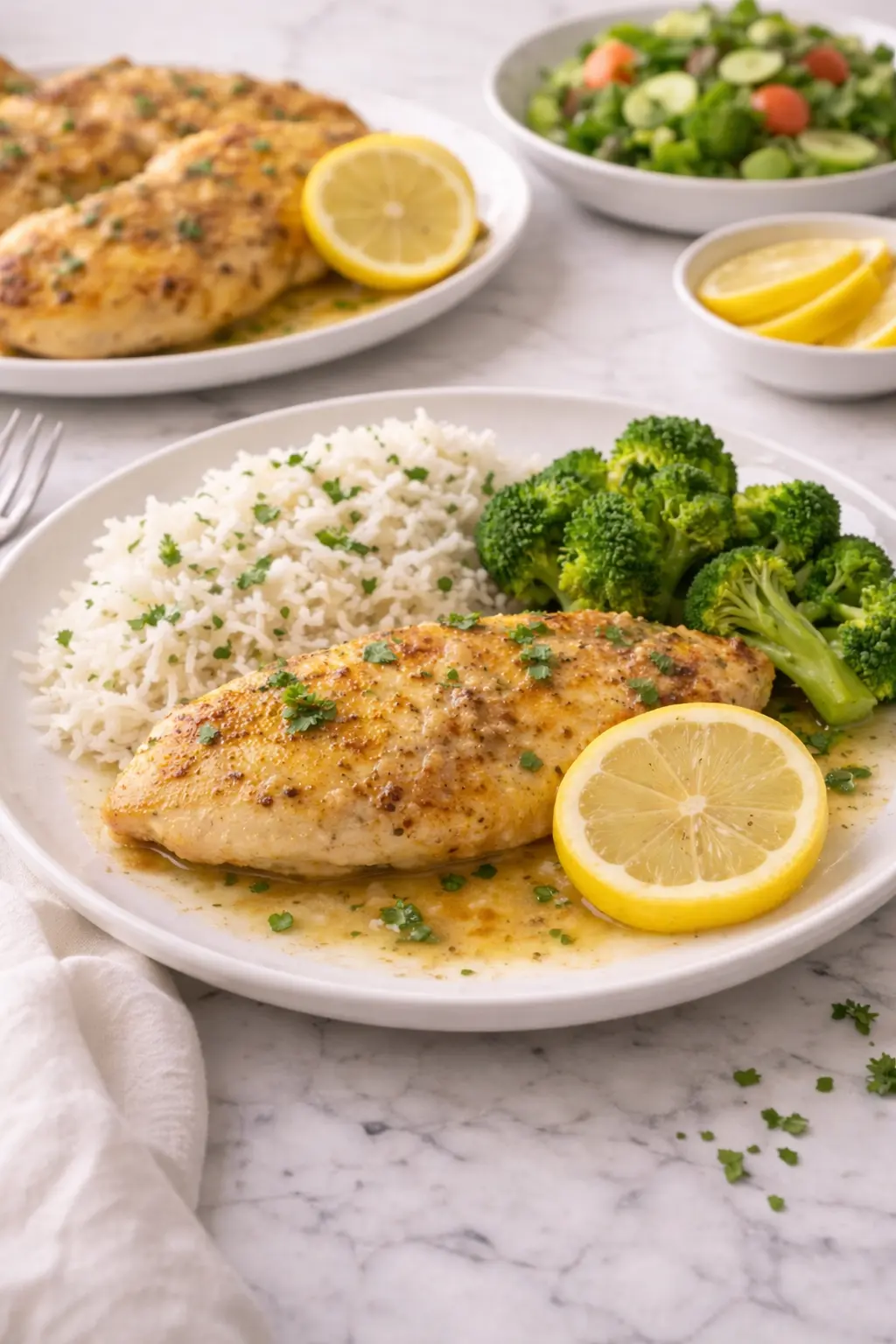 30-minute lemon chicken served with rice and broccoli as a home-style meal on a white marble table