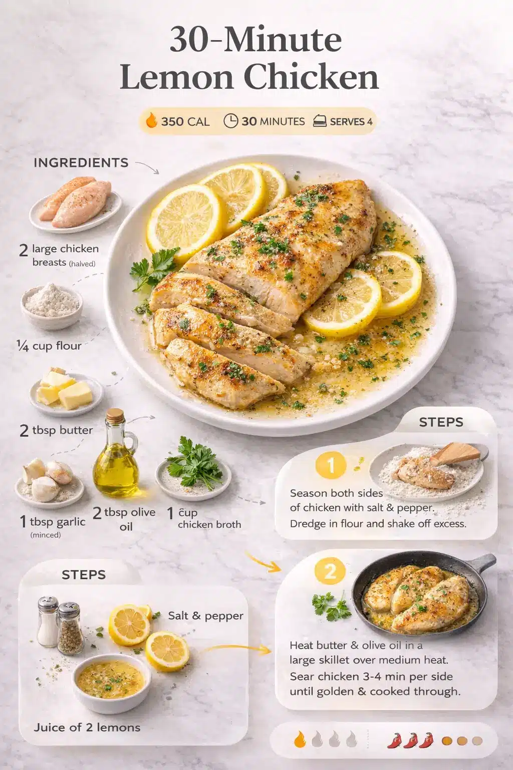 30-minute lemon chicken recipe infographic showing ingredients, cooking steps, and nutrition information in a modern vertical layout