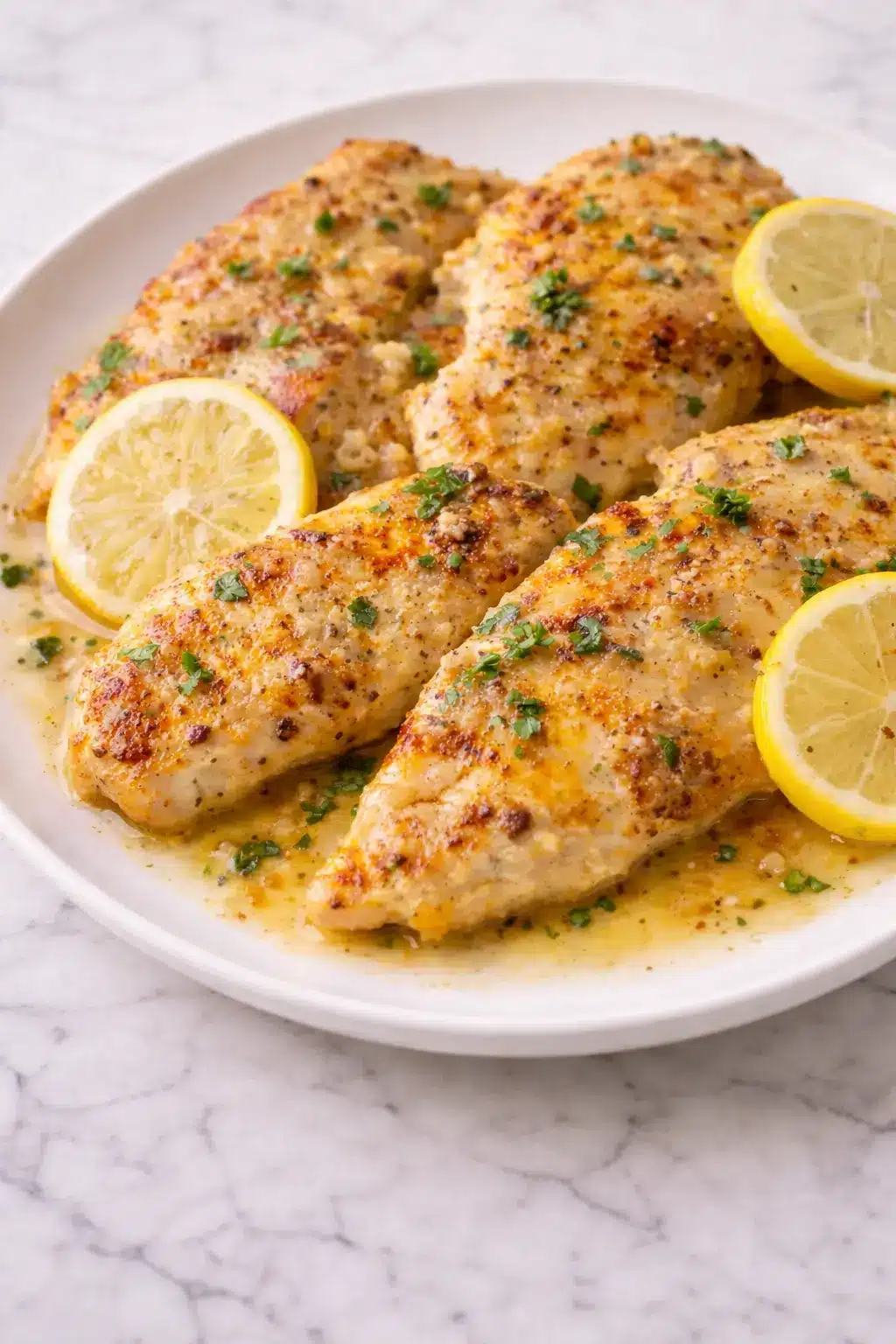 30-minute lemon chicken with golden skillet-seared chicken breasts and fresh lemon slices on a white marble background