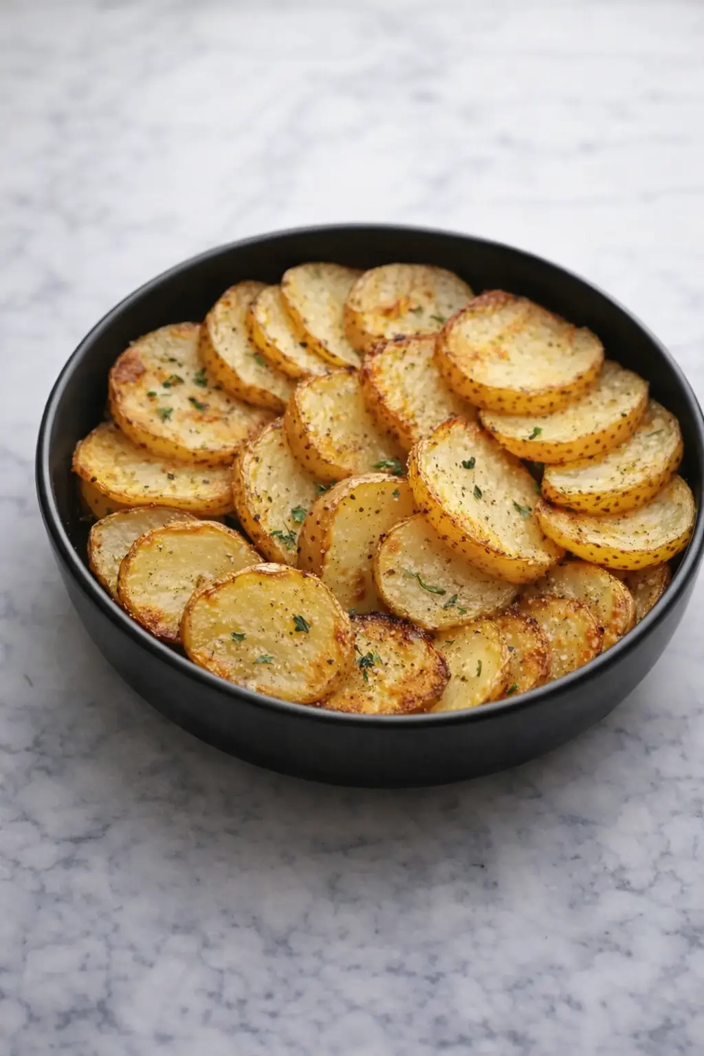 Air fryer sliced potatoes cooked until golden and crispy, served in a black bowl on a white marble surface