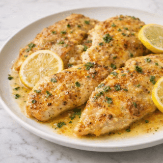 Photorealistic 30-minute lemon chicken cooked in a skillet with golden chicken breasts and fresh lemon slices on a marble surface