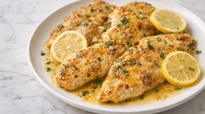 Photorealistic 30-minute lemon chicken cooked in a skillet with golden chicken breasts and fresh lemon slices on a marble surface