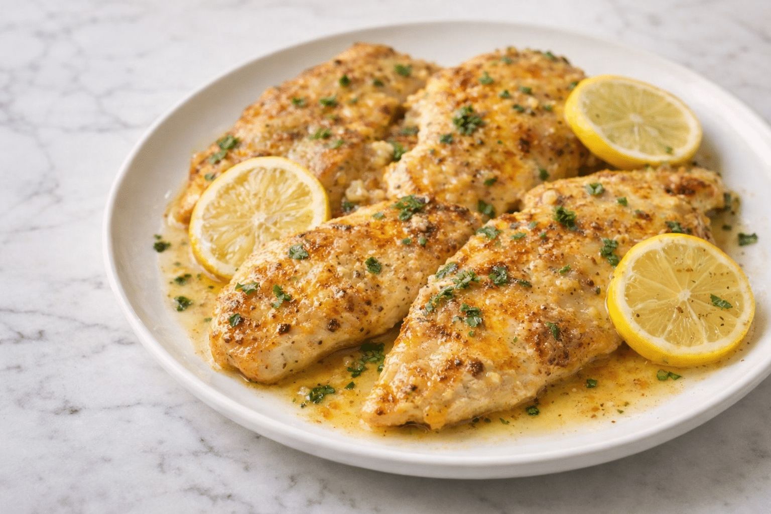 Photorealistic 30-minute lemon chicken cooked in a skillet with golden chicken breasts and fresh lemon slices on a marble surface