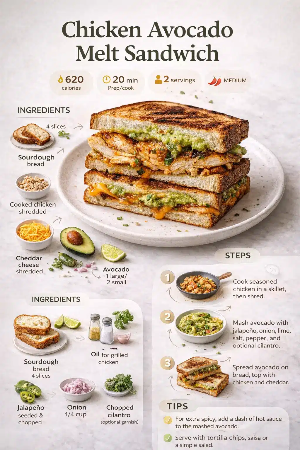Chicken Avocado Melt Sandwich Chicken avocado melt sandwich recipe infographic with ingredients, step by step instructions, calories, and prep time
