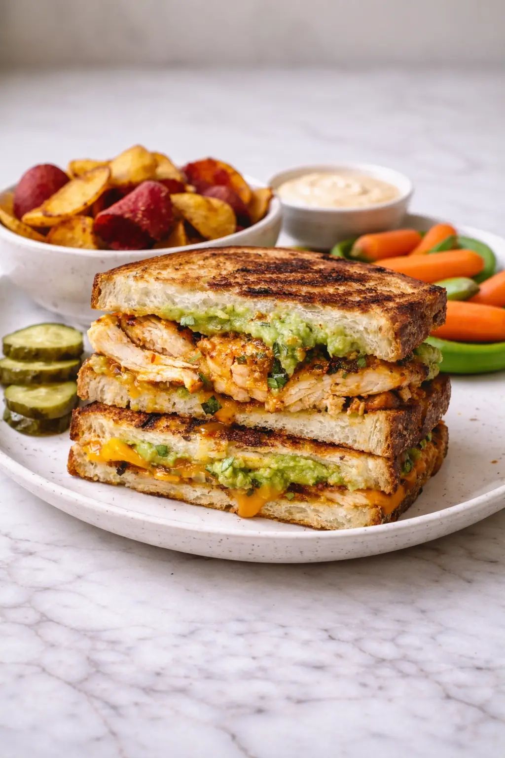 Chicken Avocado Melt Sandwich Chicken avocado melt sandwich served with potato chips, pickles, carrots, and dipping sauce on a white plate