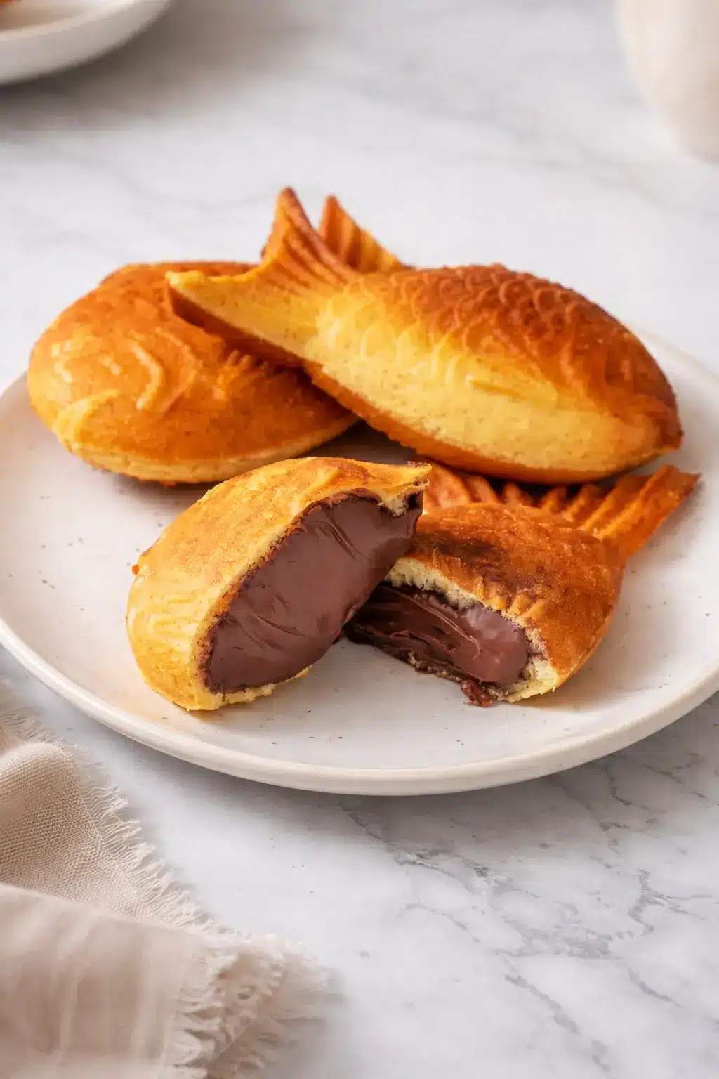 Vertical image of freshly cooked taiyaki with chocolate filling on white marble