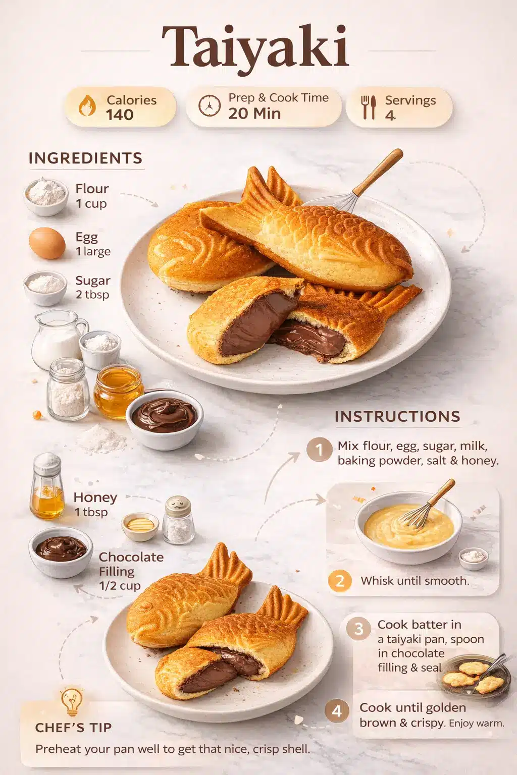 Taiyaki recipe infographic showing ingredients, steps, and finished chocolate-filled pastry