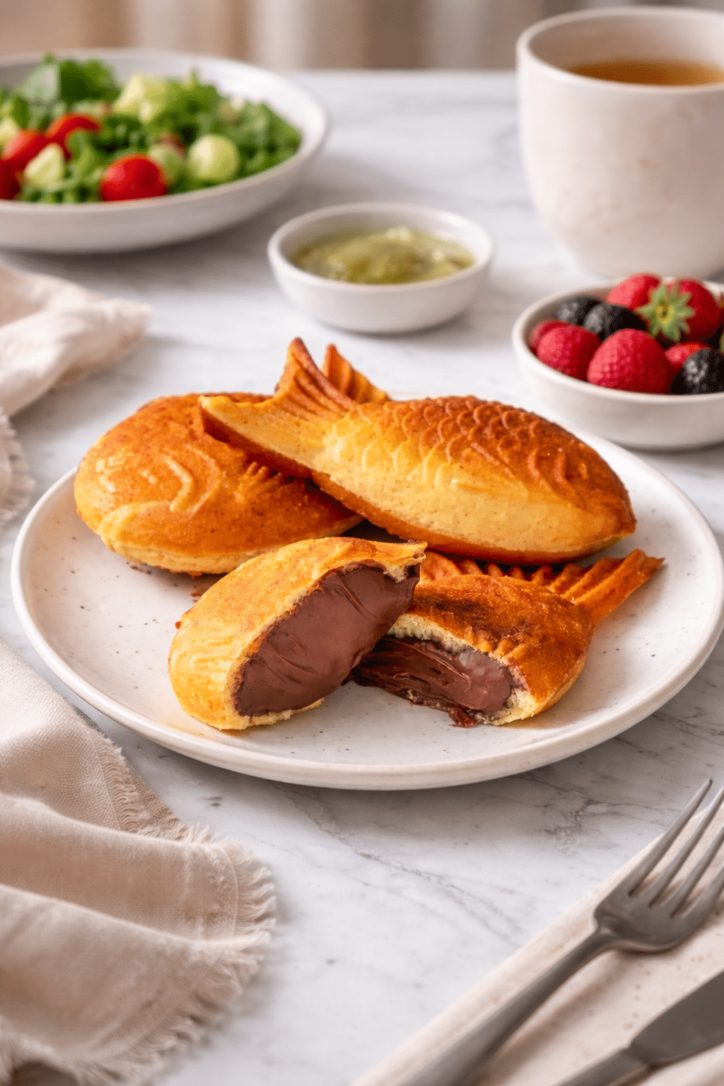 Taiyaki served as part of a home-style meal with fresh berries and tea
