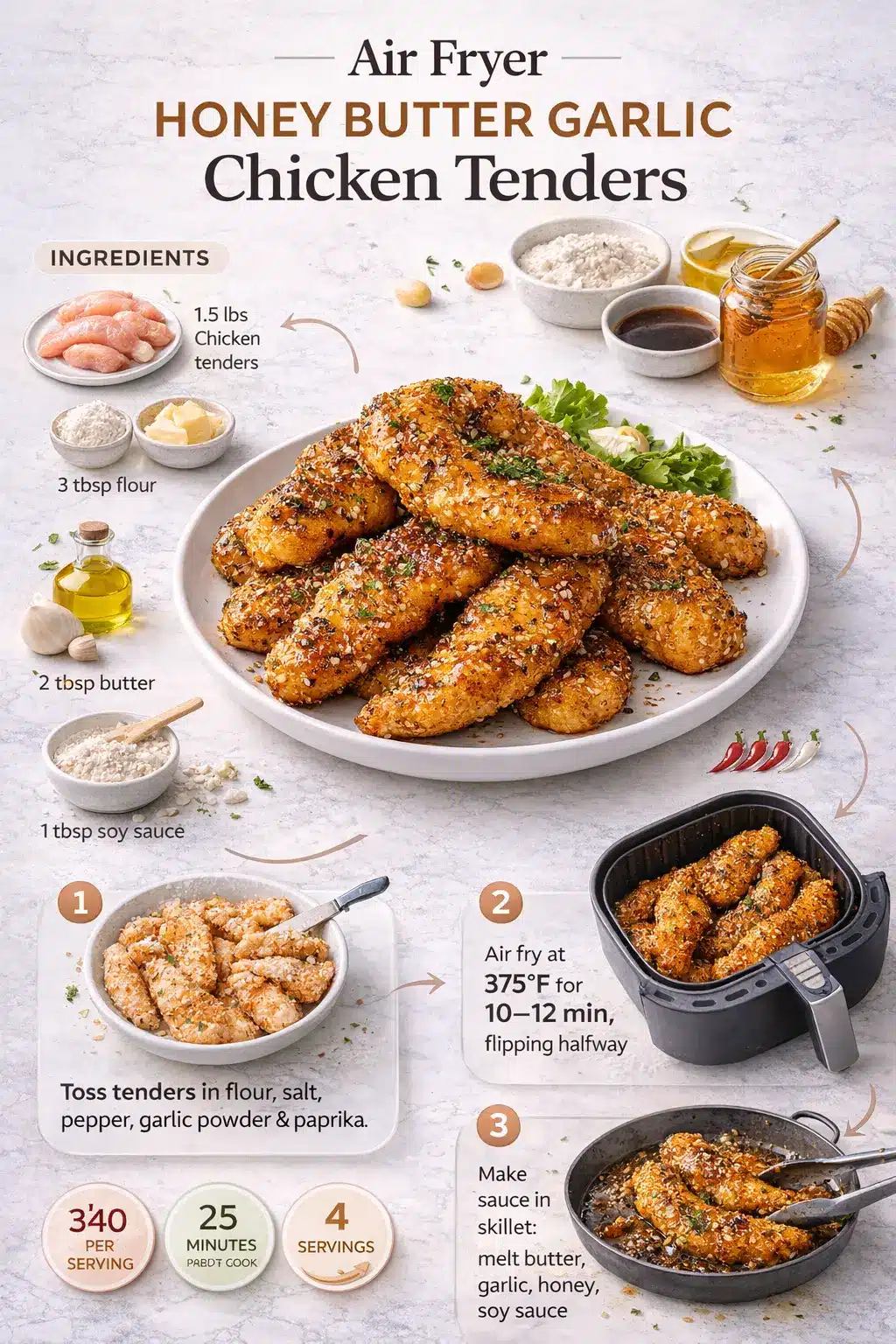 Air Fryer Honey Butter Garlic Chicken Tenders Air fryer honey butter garlic chicken tenders recipe infographic showing ingredients, cooking steps, and finished chicken tenders.