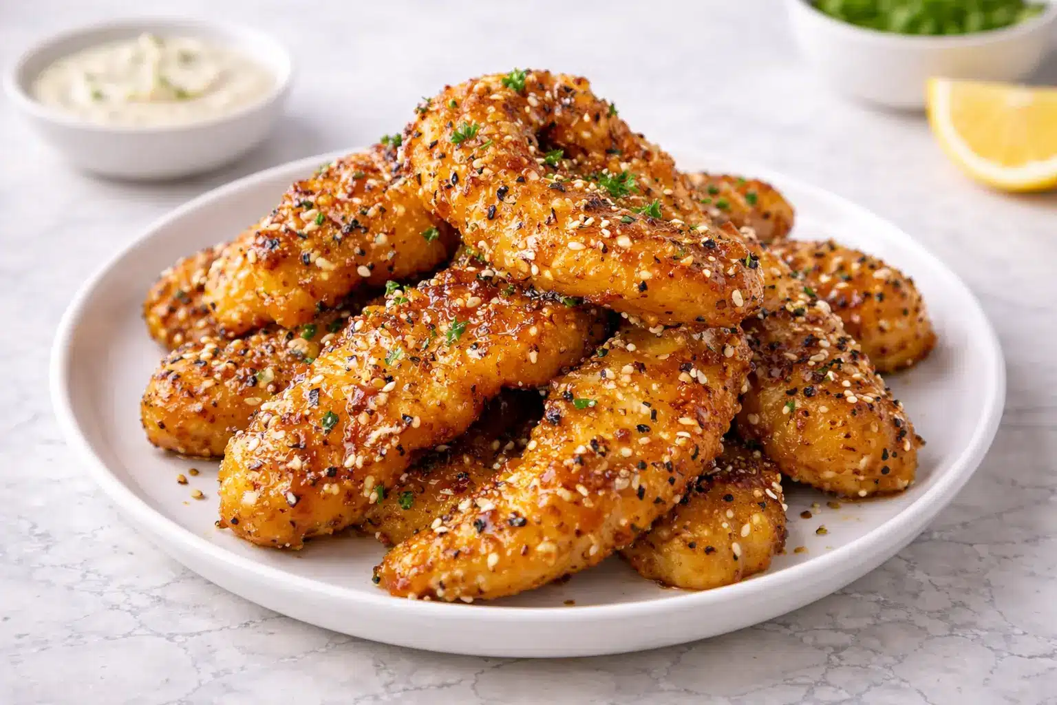 Air fryer honey butter garlic chicken tenders glazed and stacked on a white plate, golden and ready to eat.