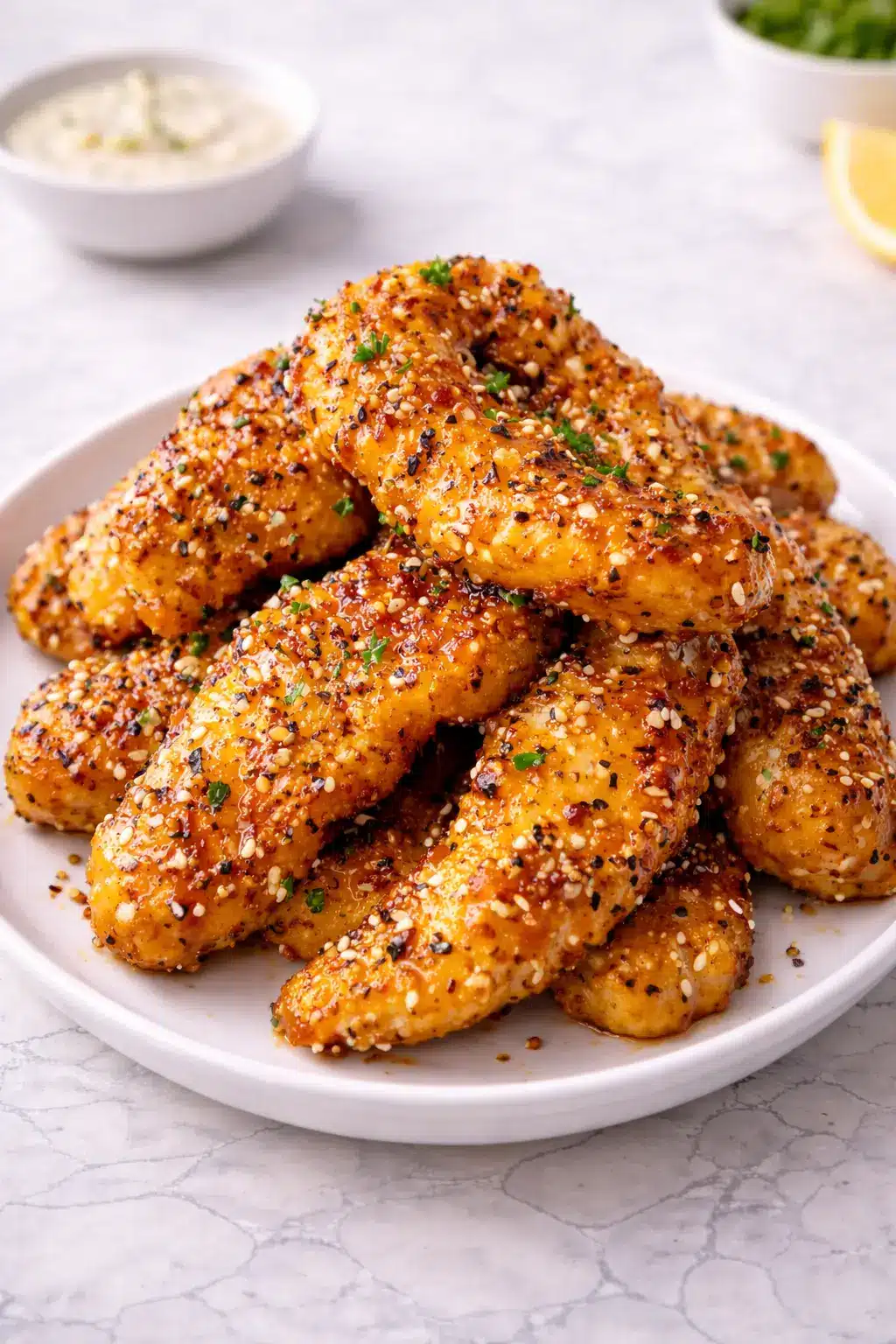 Air Fryer Honey Butter Garlic Chicken Tenders Air fryer honey butter garlic chicken tenders stacked on a white plate, glazed and golden with a crispy finish.