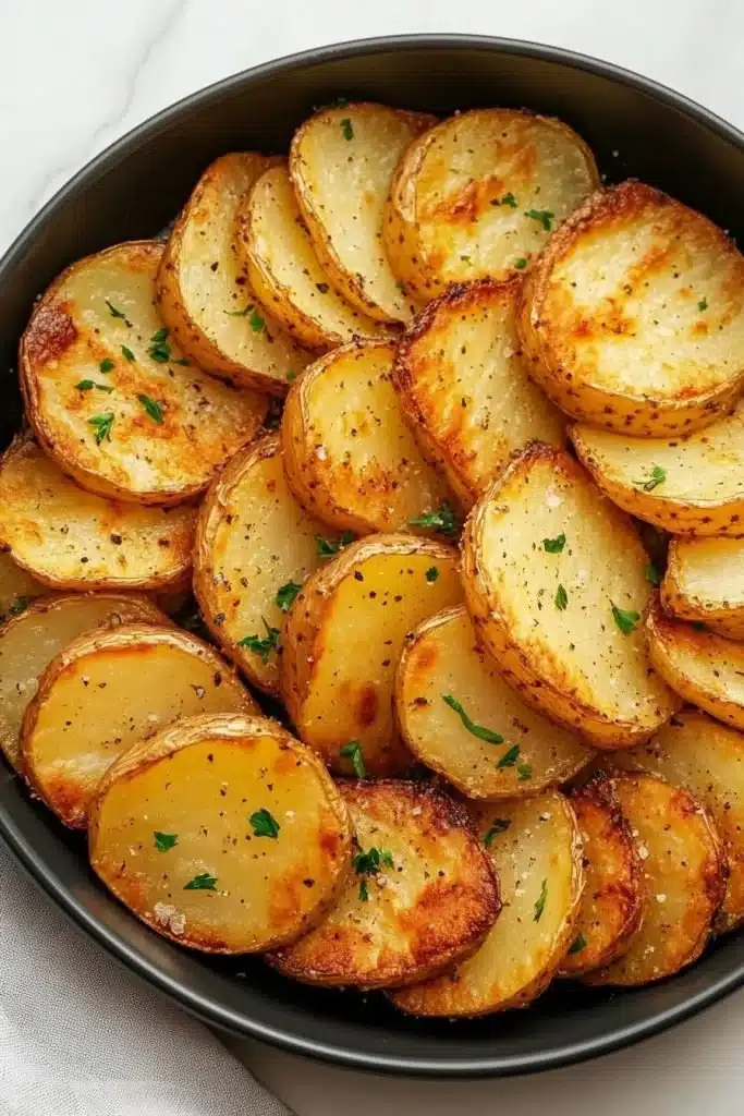 Crispy air fryer sliced potatoes ready to serve as a tasty side dish