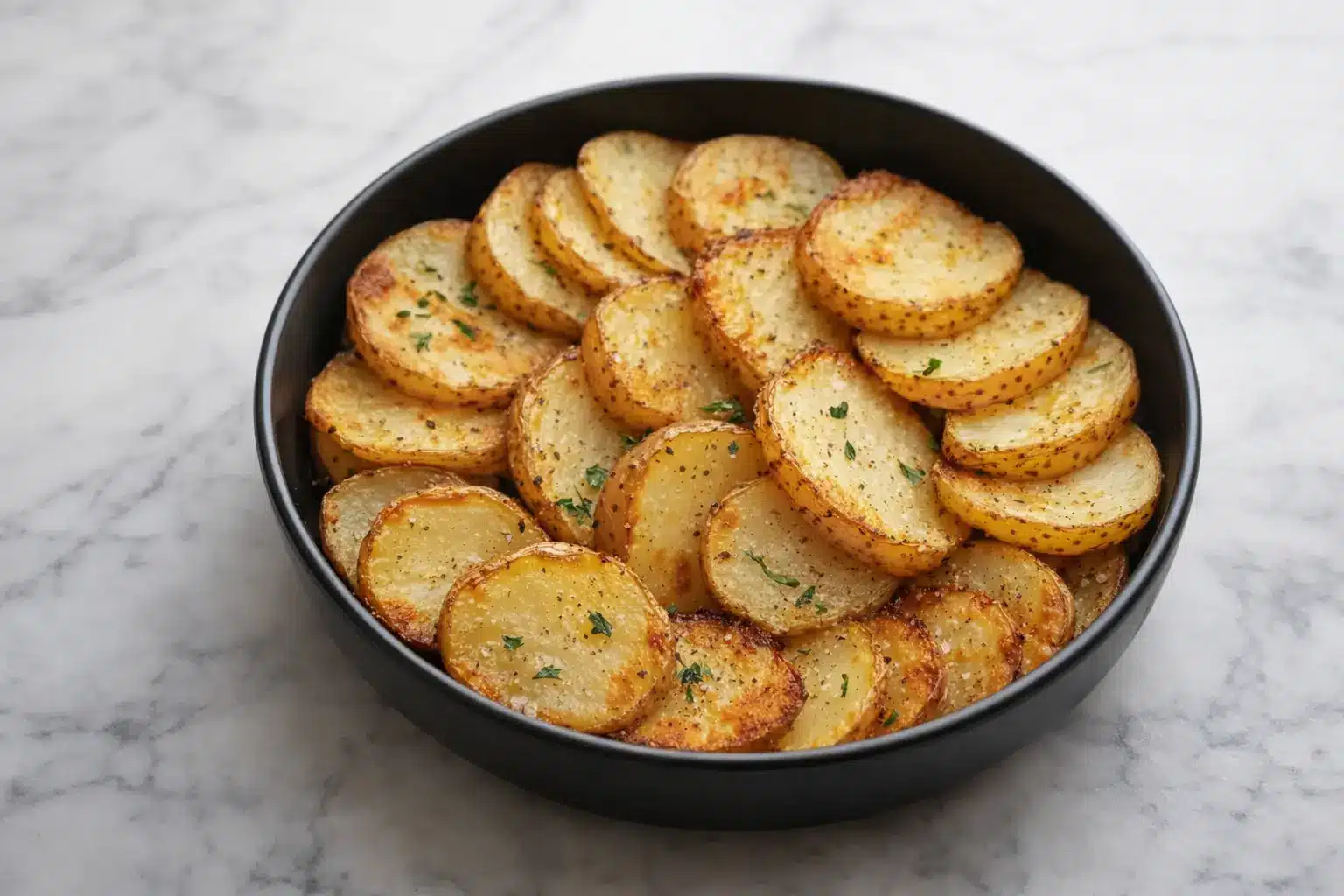 Air fryer sliced potatoes cooked until golden and crispy in a black bowl on a white marble surface
