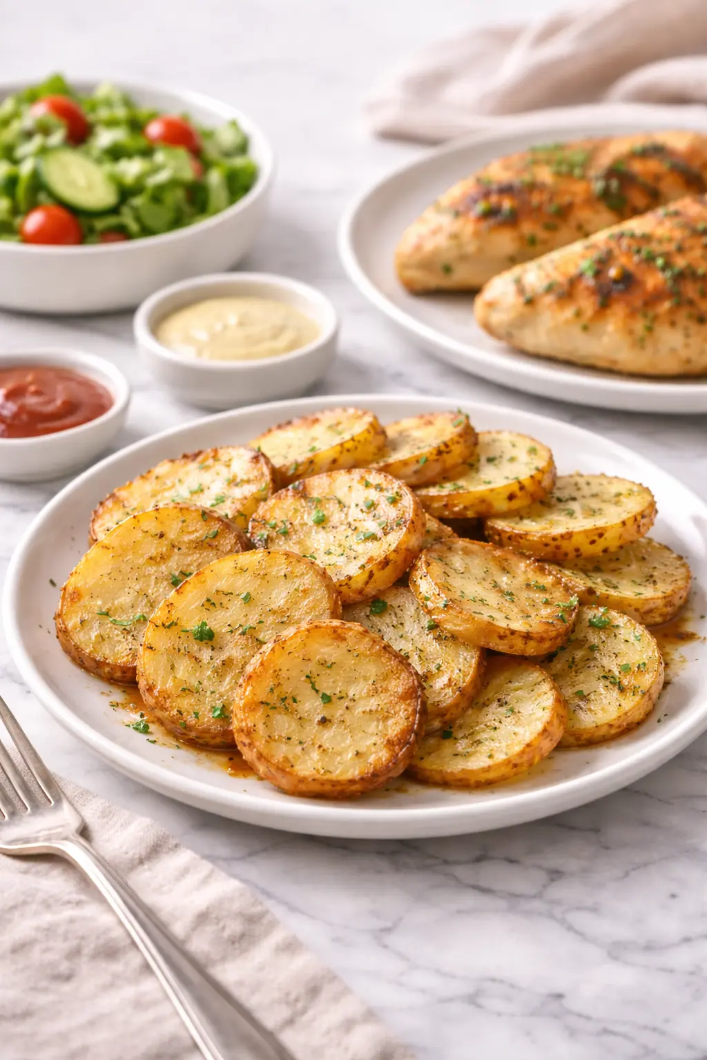 Air fryer sliced potatoes served with grilled chicken and salad as part of a simple home meal