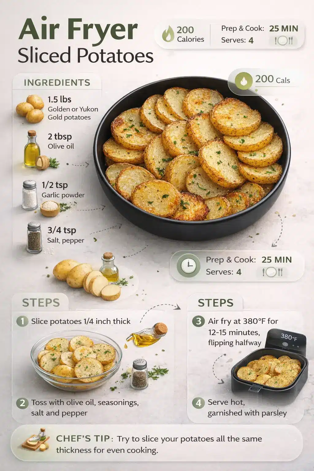 Air fryer sliced potatoes recipe infographic showing ingredients, steps, and cooking tips