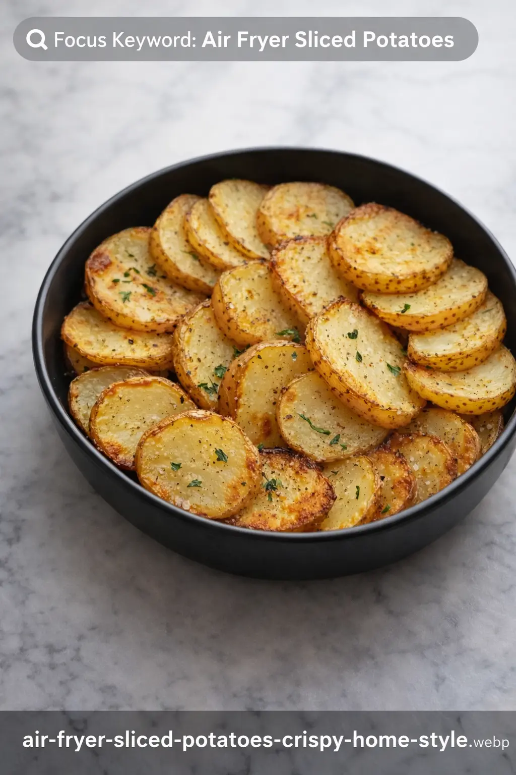 Air fryer sliced potatoes cooked until golden and crispy, served in a black bowl on a white marble surface