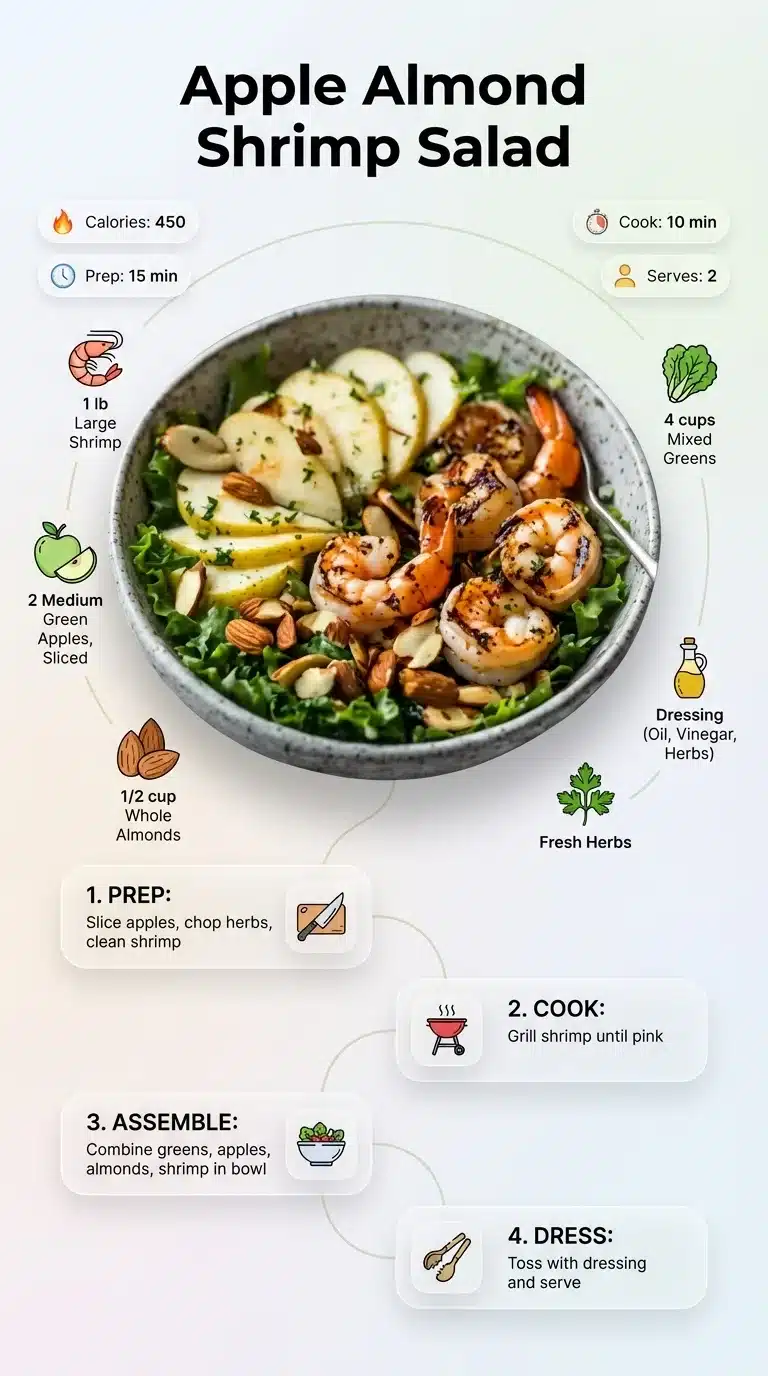 Apple Almond Shrimp Salad Modern infographic for Apple Almond Shrimp Salad. Shows plated dish, ingredients with icons, and step-by-step prep. 9:16 vertical.