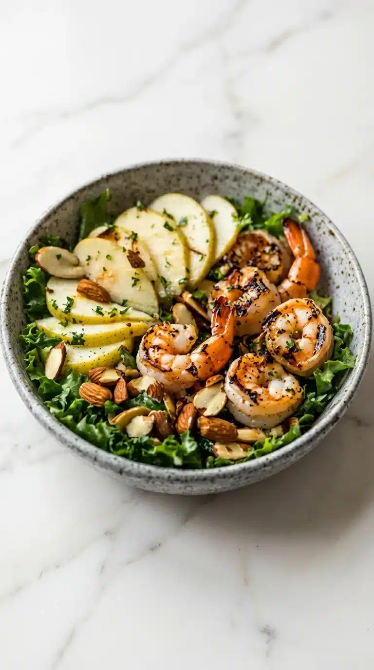 Apple Almond Shrimp Salad Photorealistic Apple Almond Shrimp Salad, naturally plated on white marble, ready to serve with natural daylight. Fresh & appealing.