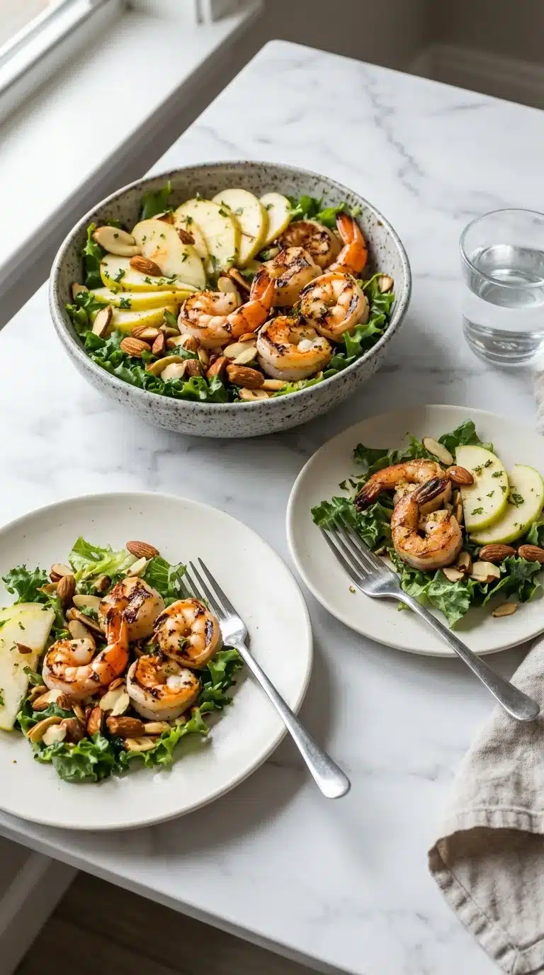 Apple Almond Shrimp Salad Photorealistic Apple Almond Shrimp Salad served in a bowl, ready to eat, on white marble. Fresh and inviting.
