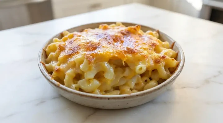 Photorealistic Baked Mac and Cheese, freshly cooked, naturally plated, ready to serve on white marble with natural daylight.