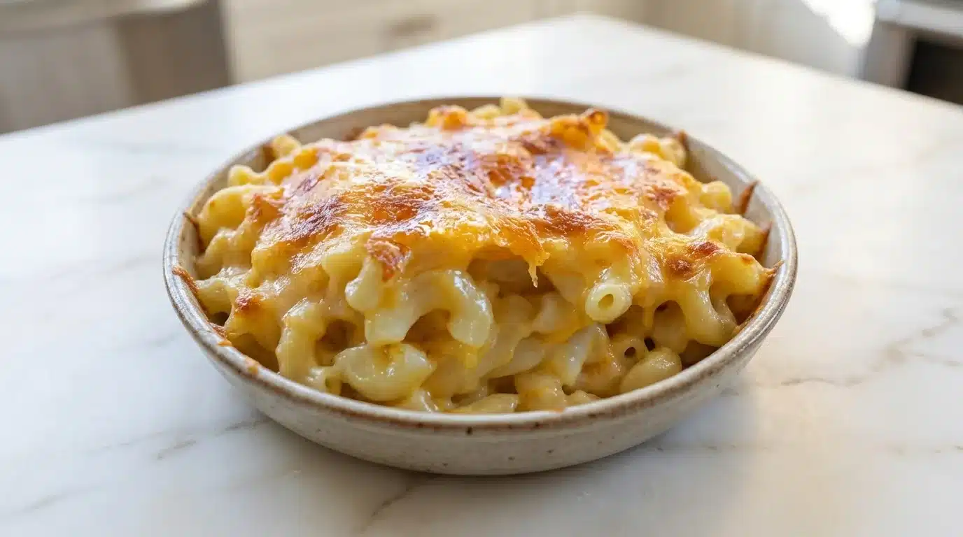 Photorealistic Baked Mac and Cheese, freshly cooked, naturally plated, ready to serve on white marble with natural daylight.
