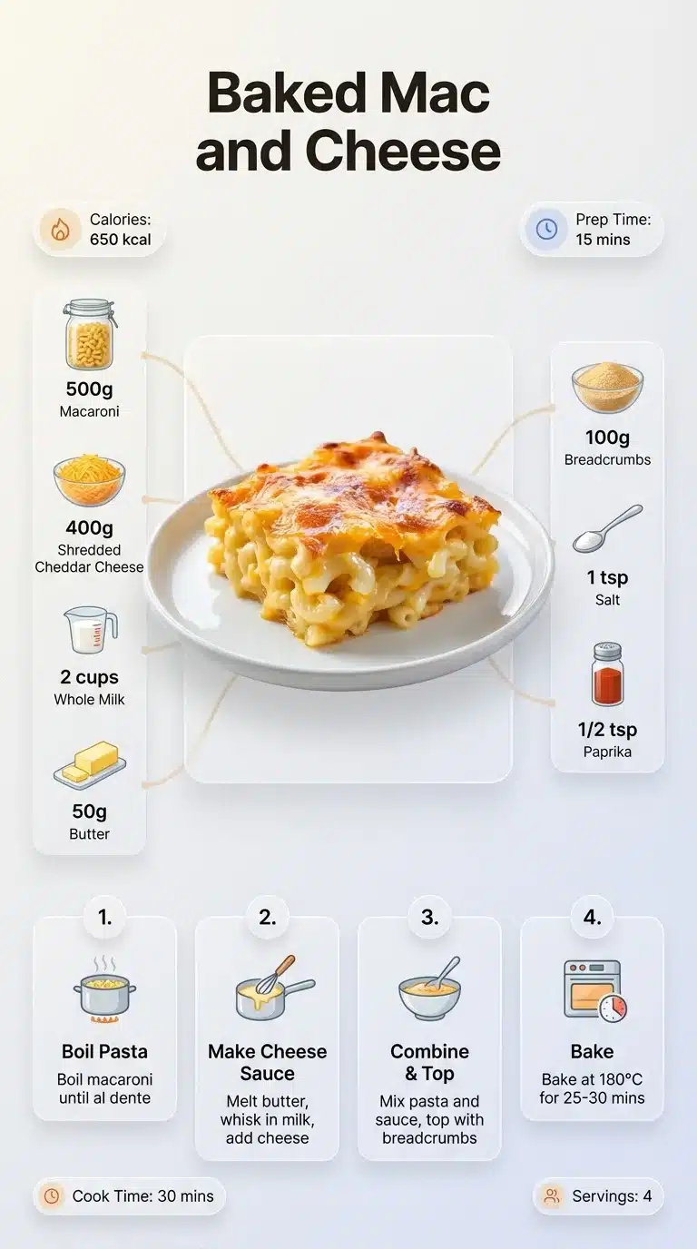 Ultra-clean 9:16 infographic for baked mac and cheese recipe. Features hero dish, ingredient icons, step-by-step prep, and nutritional info.
