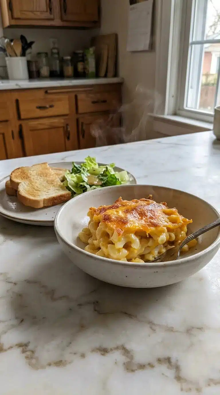 Photorealistic Baked Mac and Cheese, freshly baked and served with simple sides on white marble in a cozy home kitchen.
