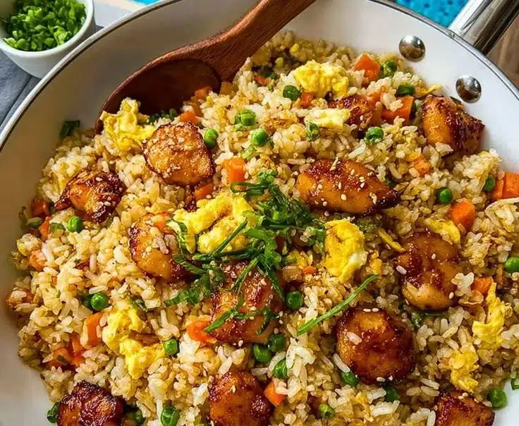 A vibrant dish of Bang Bang Fried Rice garnished with vegetables and spices.