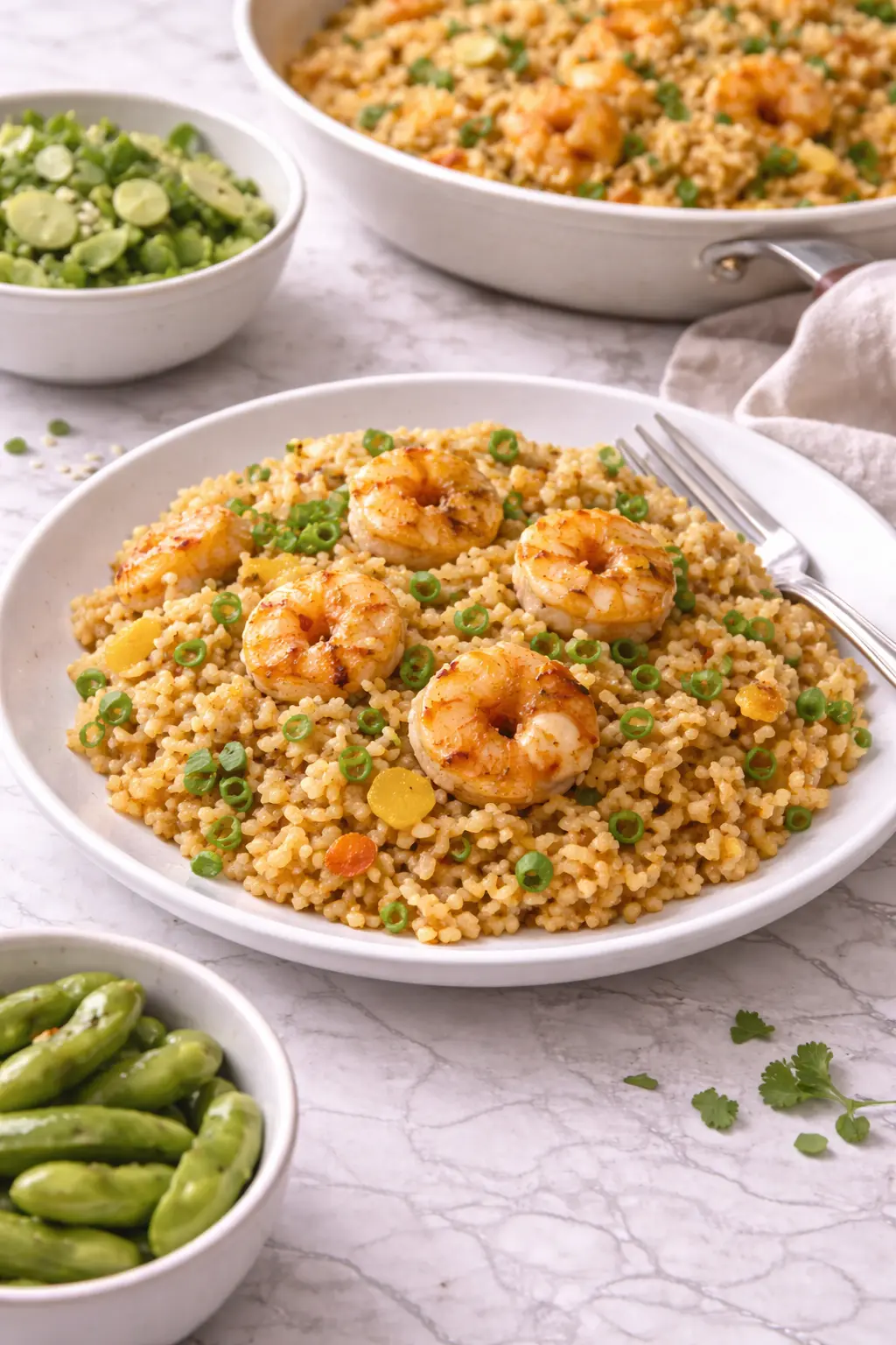Bang Bang Fried Rice served with shrimp and simple sides as a complete home-cooked meal