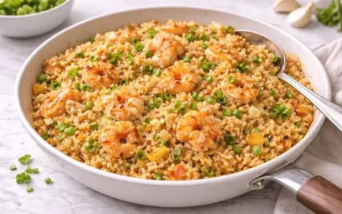 Bang Bang Fried Rice with shrimp cooked in a creamy spicy sauce and served hot in a skillet